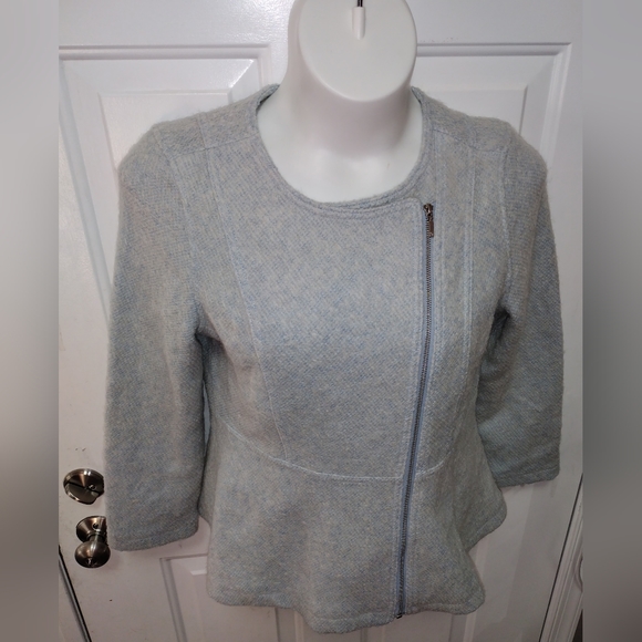 Isaac Mizrahi Blue Textured Peplum Moto Zip Front Wool Blend Jacket Sz M - Picture 7 of 10